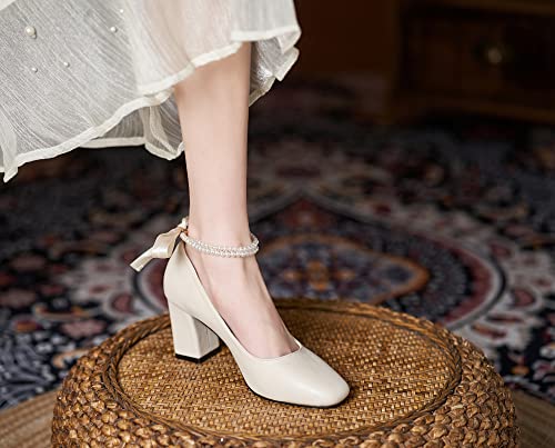 LizFoYa Women Elegant Square Toe Dress Pumps Ankle Strap Bow Accent Bridal Pumps Comfort Chunky Heels4