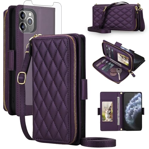 Compatible with iPhone 11 Pro Max 6.5 Wallet Case Zipper RFID Blocking Screen Protector Crossbody Lanyard Strap Flip Card Holder iPhone11 11pro Promax i XI Plus Phone Cover for Women Men Dark Purple