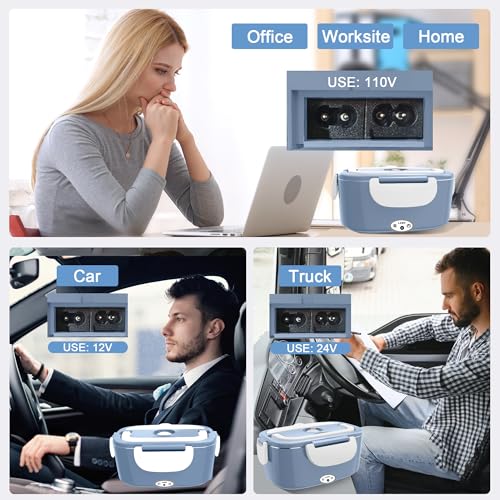 Image of Electric Heated Lunch Boxes Adults: 80W Electric Lunch Box Food Heated 12 /24 /110V 1.5L Heatable Lunch Box for Car /Truck /Office Leak-Proof Stainless Steel Container,Fork & Spoon,Bag (Light Blue+White)