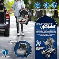 KIDUKU® 3 in 1 Kinderwagen XXL Set inkl. Babywanne Buggy Auto-Babyschale | Kombikinderwagen Komplettset mit Sportsitz Fußsack Vollgummireifen Wickeltasche Handwärmer Regenschutz Kindertisch ECE R129 – Ansicht 6