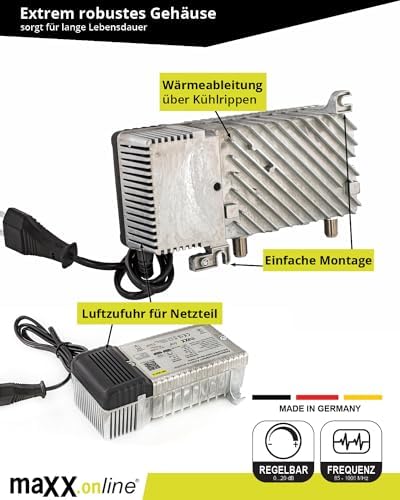maxx.onLine Wzmacniacz antenowy do telewizji kablowej 33 dB wzmocnienie z kanałem zwrotnym 1 GHz, DVB-T2, wzmacniacz domowy DVB-C, wzmacniacz domowy, wzmacniacz kablowy