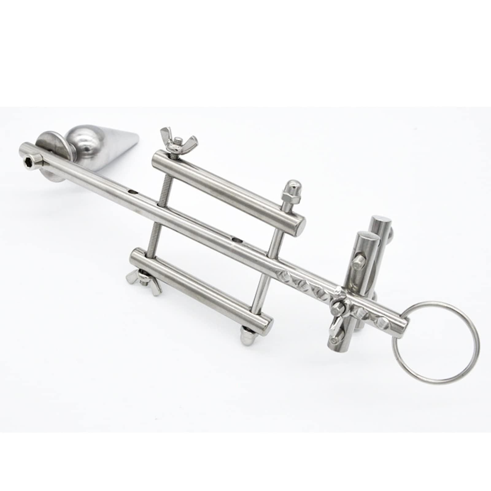 Plug anale con anello per il pene e pressa a sfera Tortura a sfera in acciaio inossidabile CBT Tortura per testicoli del pene Dispositivo regolabile SM Bondage Butt Plug Anello per pene Morsetto