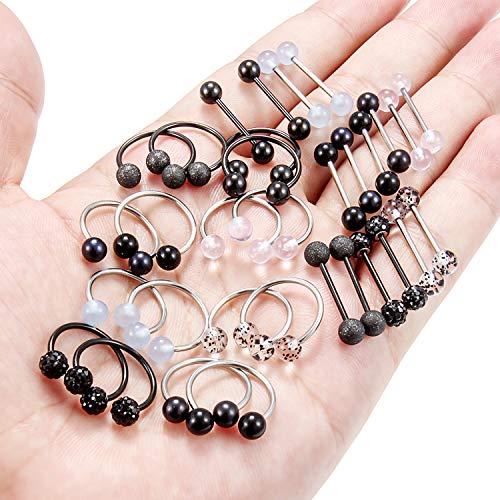 Ftovosyo 16 Pairs 16G Surgical Steel Nipplerings Nipple Tongue Rings Straight & Horseshoe Barbell Hoop Body Piercing Jewelry For Women Men Glow In The Dark Pearl Ball Black 16Mm #TOP2