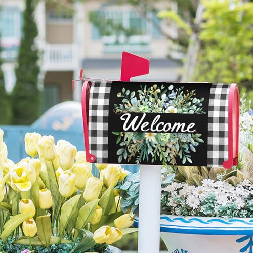 Image of Spring Summer Wreath Buffalo Plaid Mailbox Covers Magnetic Standard Size 21x18 in Welcome Green Wreath Mailbox Cover Leaves Mailbox Wraps Spring Farmhouse Letter Box Covers for Garden Outdoor Decor