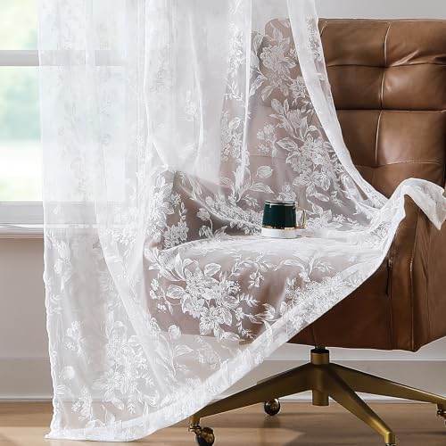 White Rose Lace Curtains 63" for Living Room Embroidered French Sheers 2pcs
