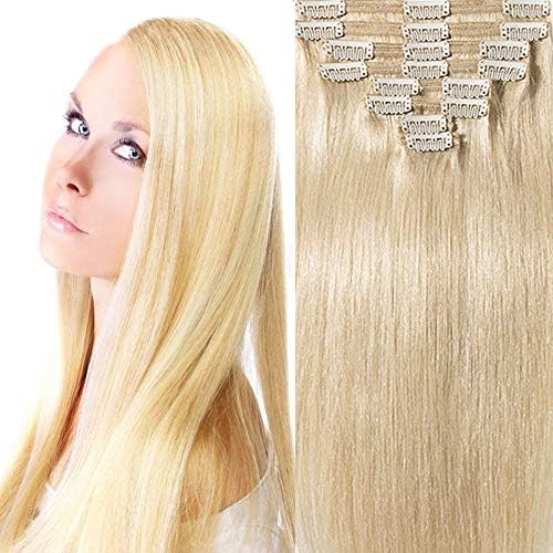 200g Real Triple Weft Extra Thick Clip in 100% Remy Human Hair Extensions Full Head (14 inch 200G 7.05Oz #60 Platinum Blonde) 8 Pcs Set Grade 10A Natural Hair Pieces Long Straight for Women