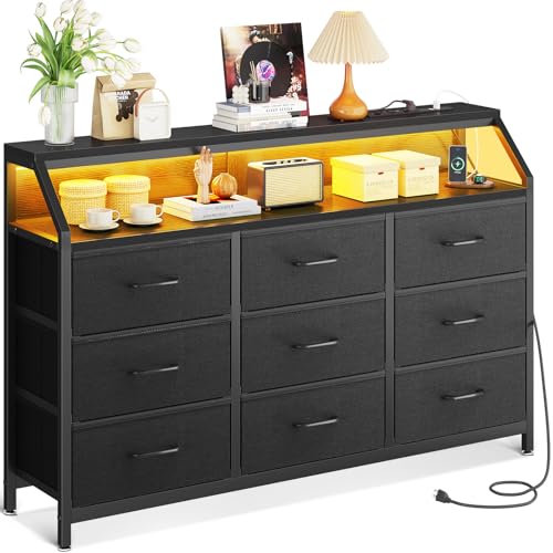 ODK Black Chest of Drawers Bedroom with 9 Fabric Drawers, Storage Dresser with 2 Sockets 2 USB Ports and LED Light Strip, Suitable for Bedroom, Living Room, 137 * 30 * 88cm Black
