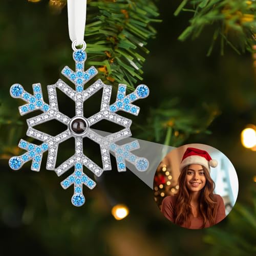 Adornos Colgantes de árbol de Navidad con Foto Personalizada, Personalizada Colgante de proyección de Copo de Nieve decoración de árbol de Navidad con Foto, decoración para Navidad Familiar - Azul