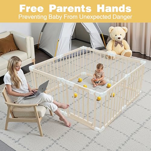 Image of Foldable Wooden Playpen for Babies and Toddlers, Baby Play Pen with Gate, Portable Baby Fence Indoor Activity Center, Adjustable Size & Shape, 51 inchx 51 inch, 8 Panels
