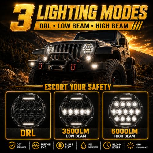 JHLion Jeep wrangler headlight, 7 Inch Led Headlights for Jeep Wrangler JK/TJ/LJ 1997-2020, 150W DOT Approved 500% Brighter Round LED Headlight with DRL, H4 H13 Adapter 2PCS (Black) by JHLion - Used condition - Image 3