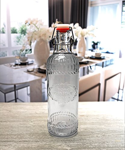 Circleware Manor Hill Hermetic Glass Bottle with Locking Swing Top Lid, Fun Party Home Entertainment Glassware Drink Pitcher for Water, Milk, Juice, Beer, Ice Tea, Farmhouse Decor, 38 oz, Clear