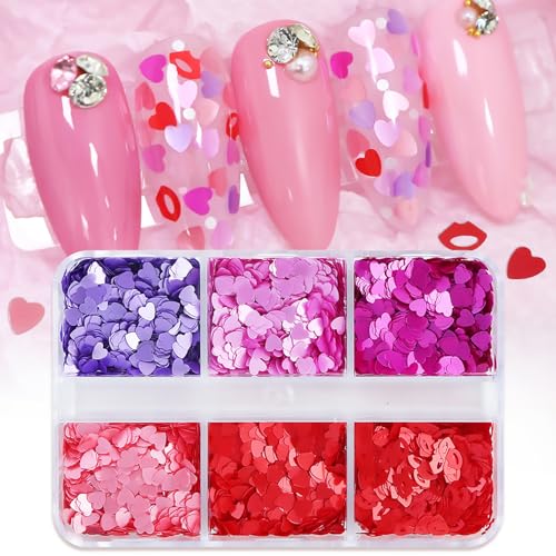 6 Grids Valentines Nail Art Glitter Sequins 3D Holographic Heart Nail Glitter Flakes Red Pink Purple Design Red Lips Sequins Decorations for Women DIY Manicure Supplies - Thumbnail 2