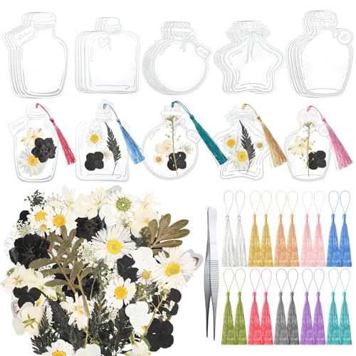 TaoBary 91 Pcs DIY Handmade Transparent Dried Flower Bookmark Set Include Butterflies Clear Bookmarks Dried Flowers Colorful Tassels and Tweezer for Book Bottle Supplies(Cool Color)