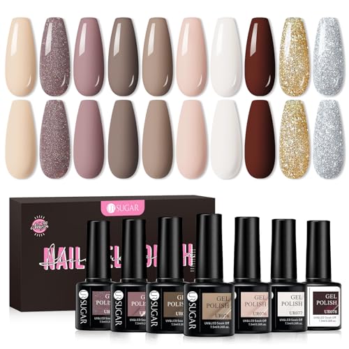 UR SUGAR Vernis Semi Permanent Nude, 10 Couleurs Vernis Gel UV Semi Permanent Marron Rose Blanc Pailleté, Nail Art Soak Off UV/LED Gel Vernis à Ongles Manucure Set Pour Salon