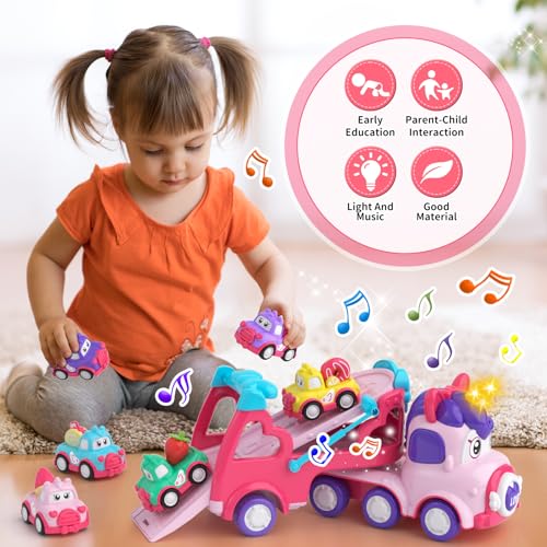 newcrave 7 in 1 Carrier Truck Toys for 1 2 3 Year Old Girl, Toddler Girl Toys Age 1-3, Car Toys Truck with Light & Music, 1 2 3 Year Old Birthday Gifts Christmas by newcrave - Image 2
