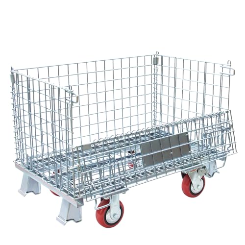 MutsMover Collapsible Wire Mesh Container with Casters, 32"x20"x24", 1500 lbs Heavy-Duty Steel Storage Bin, Stackable Industrial Material Handling Cart