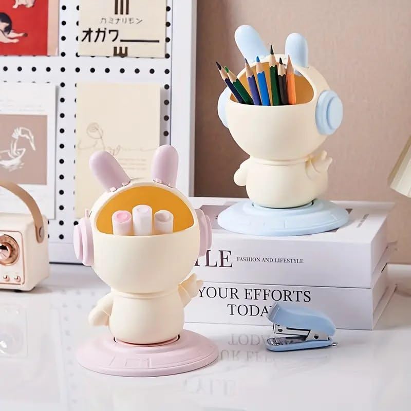 7Seas Creative Rabbit Shape 360 Rotating Desktop Pen & Pencil Holder | office and Study table Stationary Storage Stand | Dressing and Vanity Makeup brush Holder, Living Room Decorative Remote Holder 1