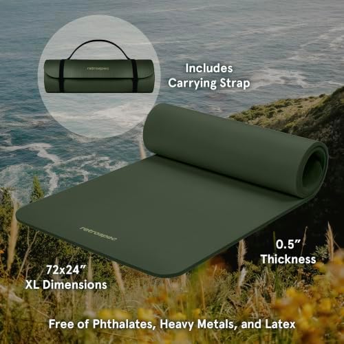 Retrospec Solana Yoga Mat 1/2" Thick w/Nylon Strap for Men & Women - Non Slip Excercise Mat for Yoga, Pilates, Stretching, Floor & Fitness Workouts, Wild Spruce - 1