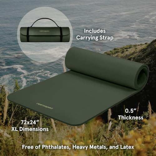 Retrospec Solana Yoga Mat 1/2" Thick w/Nylon Strap for Men & Women - Non Slip Excercise Mat for Yoga, Pilates, Stretching, Floor & Fitness Workouts, Wild Spruce