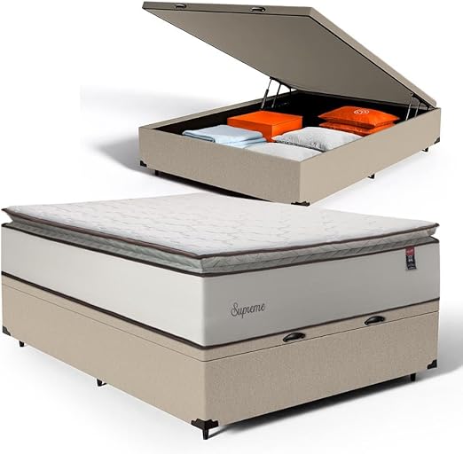 Cama Box Baú com Colchão de Molas Ensacadas Pillow Top Supreme Lux (Bege, Casal)