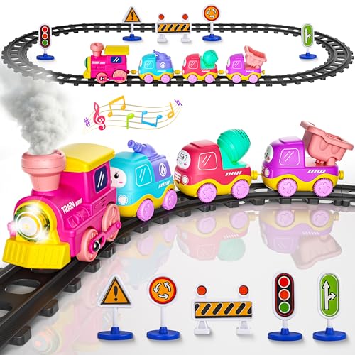 Funwee Steam Track Train Set for Toddlers, Magnetic Connection Train Toys w/Lights & Sounds, Electric Cartoon Choo Choo Train, Toy Train Christmas Birthday Gift for Toddlers 2 3 4 5+ Boy Girl (Pink)