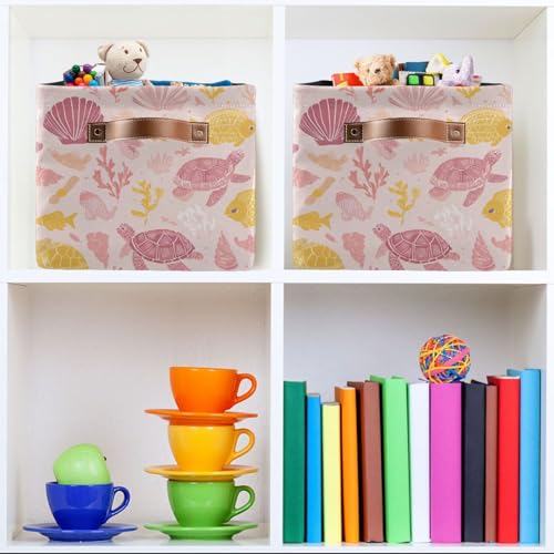 Image of Aslsiy Storage Basket Ocean Life Turtle Nursery Bins Pink Fish Seashell Baby Box Canvas Clothes Shelf Basket Laundry Hamper 2 Pcs
