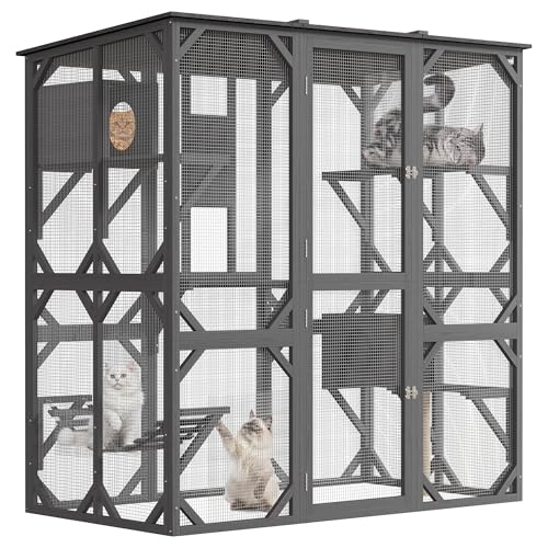 70'' Walk-in Catio with Window Access, Extra Large Outdoor Cat Enclosure for Multiple Cats, Waterproof Roof Cattery with Bridge and Scratching Post Outside Patio Cat Playpen Grey