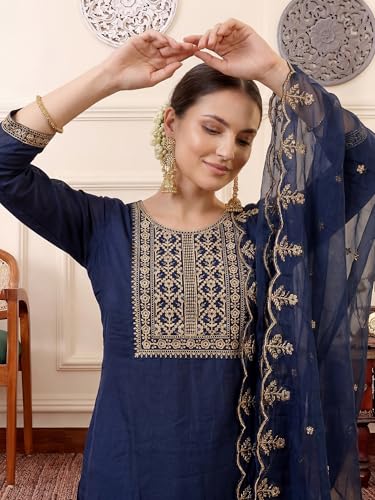 Image of INDO ERA Women's Silk Blend Floral Embroidered Thread Work Straight Kurta & Pant with Dupatta Set | Kurti Set
