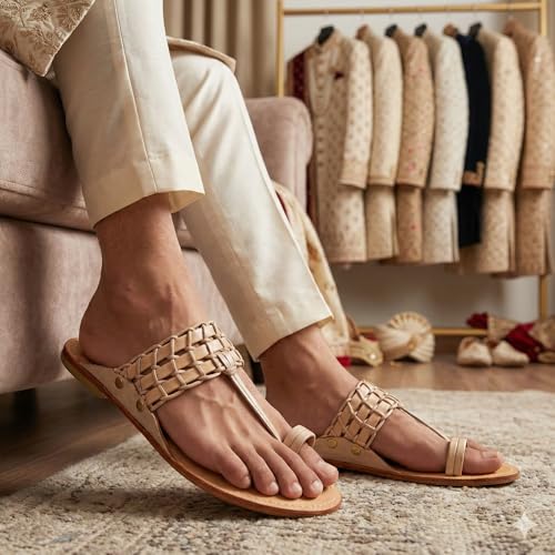 Image of Kolhapuri Chappal for Men Original, Pure Leather Handcrafted Traditional Kolhapuri Chappal for Man Formal Footwear for Weddings & Parties, Ethnic Wear & Daily Comfort