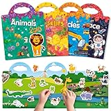 GUYUCOM 4 Pack Reusable Sticker Books, Toddler Travel Toys, 3D Clear Animal Vehicles Space Dinosaur Sticker Book, Suitable for Children's Educational Learning Toy Birthday Gifts