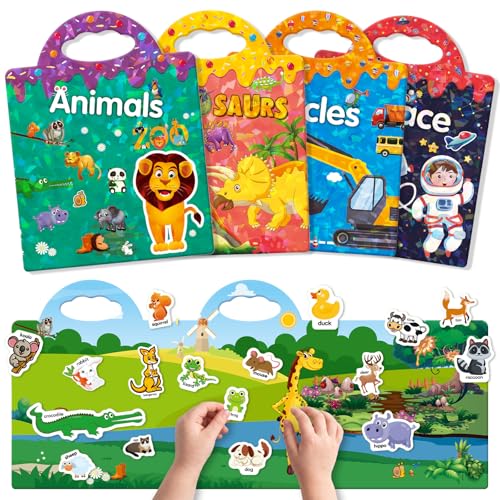 GUYUCOM Confezione da 4 libri adesivi riutilizzabili, giocattoli per bambini dai 2 ai 3 ai 4 anni per bambini, ragazzi e ragazze, giocattoli educativi, regali di compleanno