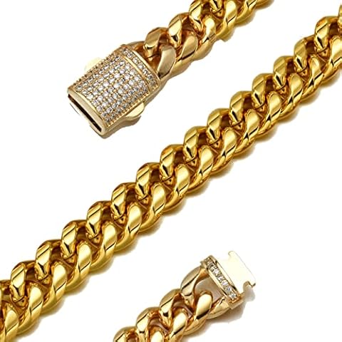 Jxlepe Mens Miami Cuban Link Chain 18K Gold 14mm Stainless Steel Curb Necklace with cz Diamond Chain Choker Cover
