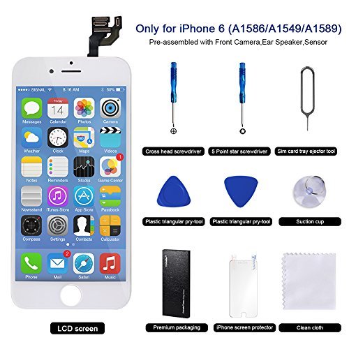 Full Assembly for iPhone 6 Plus Screen Replacement 4.7 inch LCD Touch Digitizer Display with Front Camera，Facing Proximity Sensor，Ear Speaker，Repair Tools and Free Screen Protector (White) …