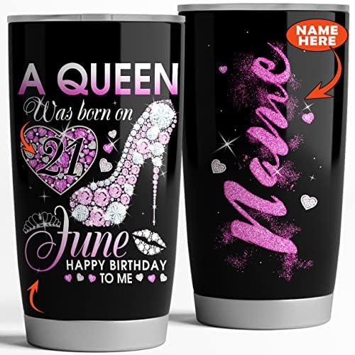 A Queen Was Born On Personalized Tumbler for Women, Custom Name, Month, Date of Birth, Birthday Gifts for Wife, Mom, Daughter, Sister, 20oz Stainless Steel Coffee Cup with Lid (A Queen 1)