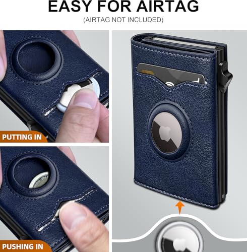 Image of miyozi Airtag Wallet for Men,with Cash Pocket 2 ID Window 9-12 Cards,Metal Case Smart Slim Pop Up Credit Card Holder Flip with Magnetic Closure RFID Blocking Trifold wallet with Gift Box