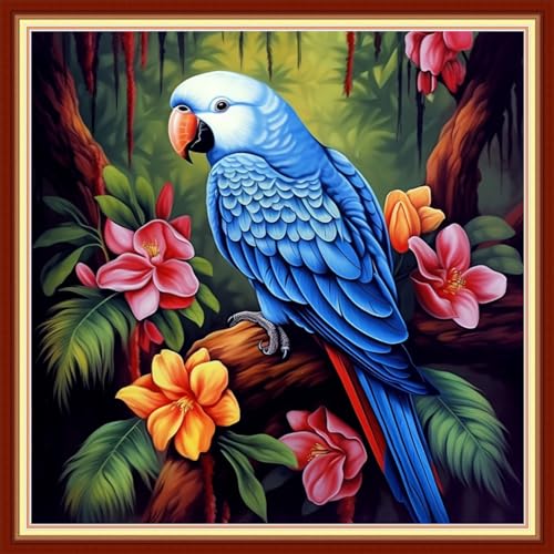 Image of Disxvivy Cross Stitch Stamped Full Embroidery Kits DIY 11CT Cotton Thread Printed DIY Needlepoint Kits Craft Needlework Set Cross-Stitch Stamped Sets-Flower Parrot 18x18 inch