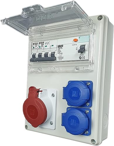 RoadEu - Baustromverteiler - CEE 16A Starkstrom Steckdose mit 2x Schuko Steckdosen - Wandverteiler 16A mit FI Schalter und LS C16A