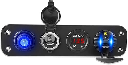Panel de enchufe de cargador 4 en 1 para automóvil, enchufes USB duales de 12 V 4.2 A con voltímetro LED, encendedor de cigarrillos e interruptor de