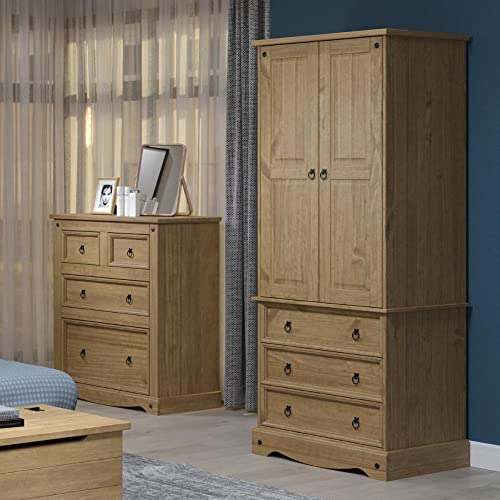 Armário de Madeira Maciça com 2 Portas e 3 Gavetas Marrom Antique Corona