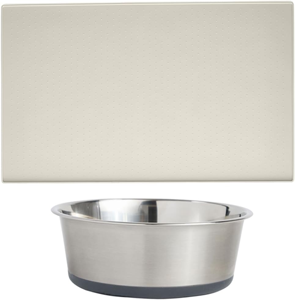 Gorilla Grip Silicone Pet Feeding Mat, 18.5x11.5 Cream and Stainless Steel Dog Bowl, 4 Cup Gray, 2 Item Bundle