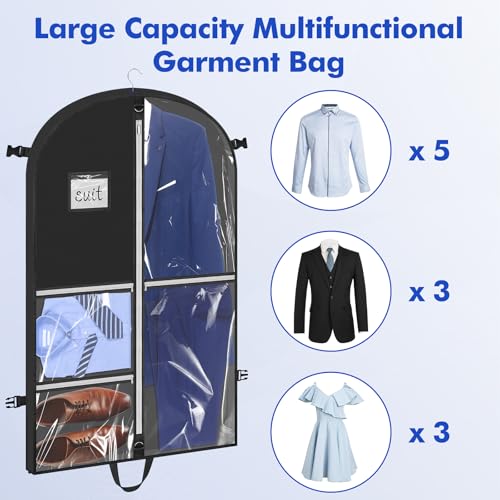 Hejo Kleidersack mit Fächern, Anzugtasche, 110×60cm Mehrfach-Taschen Faltbar Kleiderbeutel, Staubdichte Anzug Schutzhülle mit 5 Klare Taschen, Garment Bag für Anzug Mantel Jacke Kleid (Schwarz)