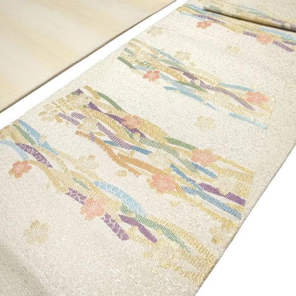 Amazon.co.jp: 袋帯 京都 西陣 金銀糸 白銀地 桜 波 上質 フォーマル  