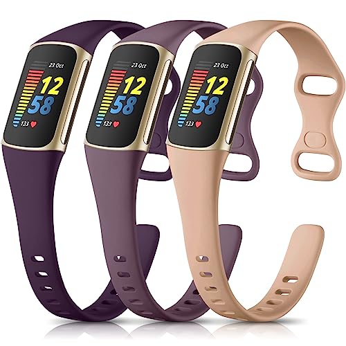 Maledan Slim Band Compatible with Fitbit Charge 5 Bands for Women Men, Durable Flexible Silicone Sport Wristband for Fitbit Charge 5/Charge 6 Fitness Tracker, 3 Pack Milk Tea/Smoke Violet/Midnight