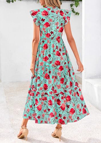 Image of PRETTYGARDEN Women's 2026 Summer Floral Midi Dress Cap Sleeve V Neck Ruffle Long Flowy Boho Casual Beach Vacation Dresses