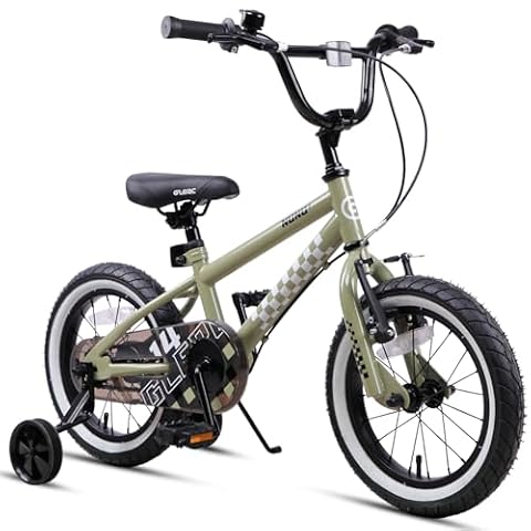 Glerc NuNu rower dziecięcy dla chłopców, 14", w stylu BMX, dla dzieci w wieku 3-, 4- i 5 lat, z dwoma hamulcami ręcznymi, kółkami podporowymi, stojakiem oraz regulowaną kierownicą i siodełkiem, zieleń