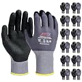 PTCOL Safety Work Gloves Micro-Foam Nitrile Coated - 12 Paris, Seamless Knit Touchscreen Nylon Gloves, with Black Nitrile Grip, for Warehouse, Home Improvement, Automotive, Construction (Medium)