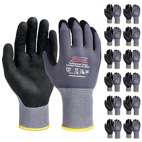 PTCOL Safety Work Gloves Micro-Foam Nitrile Coated - 12 Paris, Seamless Knit Touchscreen Nylon Gloves, with Black Nitrile Grip, for Warehouse, Home Improvement, Automotive, Construction (Small)
