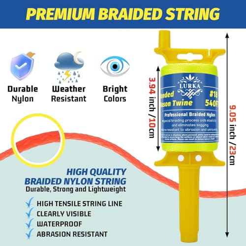 LURKA #18 Mason Line String with Post & Pipe Level & 5 Line Levels, 540 Feet Braided Nylon Twine, High-Visibility String Line for Construction, Gardening, DIY, and Outdoor Projects (Yellow) by LURKA - Image 5