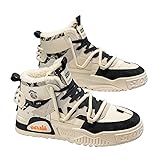 HCHCTRY Men's Winter Fashion Skateboard Sneakers High-Top Snow Boots Slip-Resistant Rubber Sole & Lace-Up Design for Hiking, Outdoor, Casual Wear (Beige and Black,9.5)