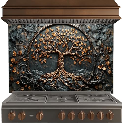 Tree of Life Tempered Glass Backsplash for Kitchen, Easy to Clean Glass Backsplash, 10K UV Printing Stove Backsplash, Personalized Oven Backsplash, Easy Multi-Mount Kitchen Backsplash